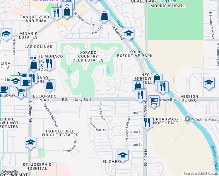 map of restaurants, bars, coffee shops, grocery stores, and more near 6893 East Camino Del Dorado in Tucson