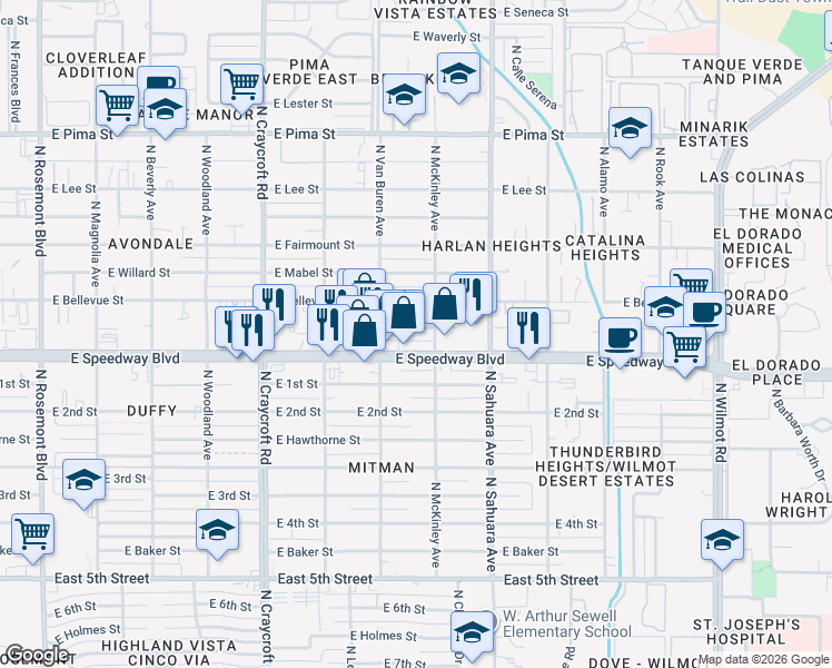 map of restaurants, bars, coffee shops, grocery stores, and more near 5751 East Speedway Boulevard in Tucson