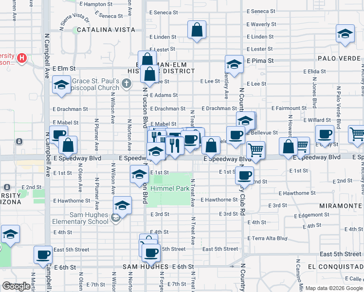 map of restaurants, bars, coffee shops, grocery stores, and more near 2621 East Speedway Boulevard in Tucson
