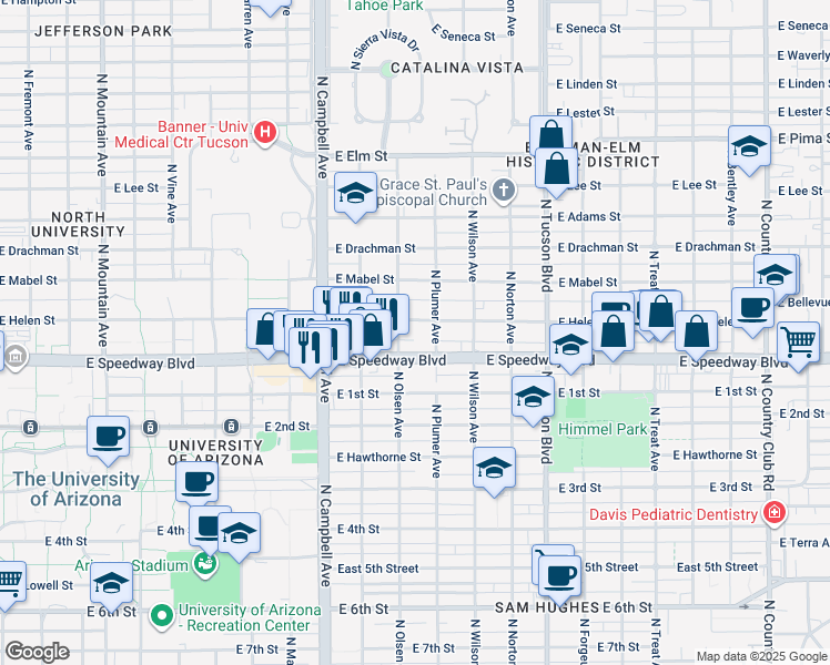 map of restaurants, bars, coffee shops, grocery stores, and more near 1123 North Plumer Avenue in Tucson