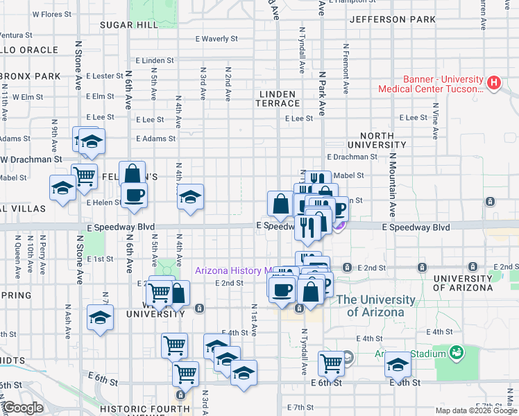map of restaurants, bars, coffee shops, grocery stores, and more near 1121 North 1st Avenue in Tucson