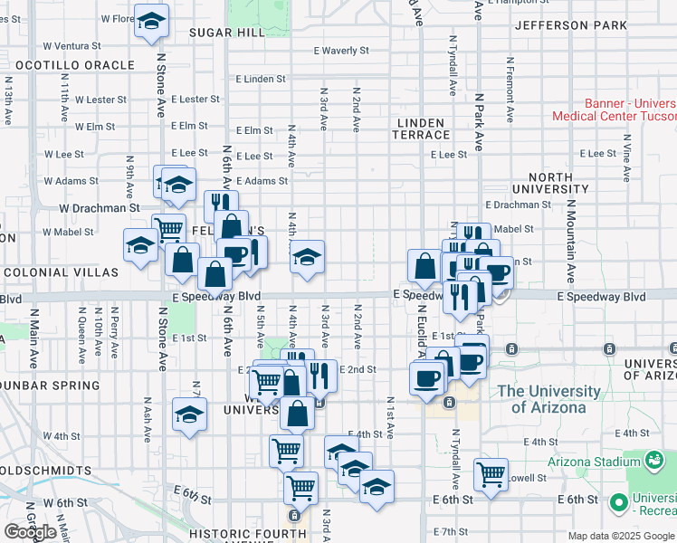 map of restaurants, bars, coffee shops, grocery stores, and more near 1122 North 3rd Avenue in Tucson