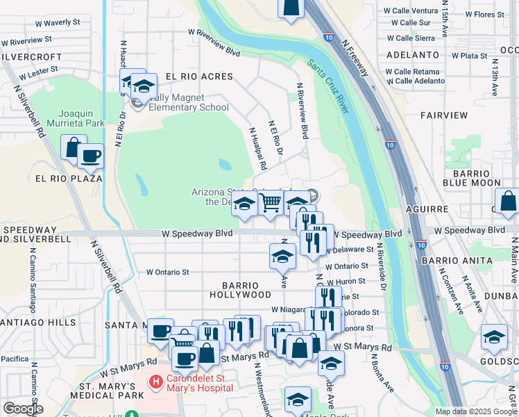 map of restaurants, bars, coffee shops, grocery stores, and more near 1126 North Riverview Boulevard in Tucson