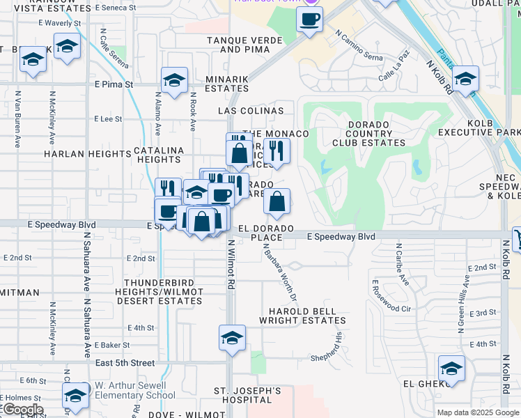 map of restaurants, bars, coffee shops, grocery stores, and more near 1111 North El Dorado Place in Tucson