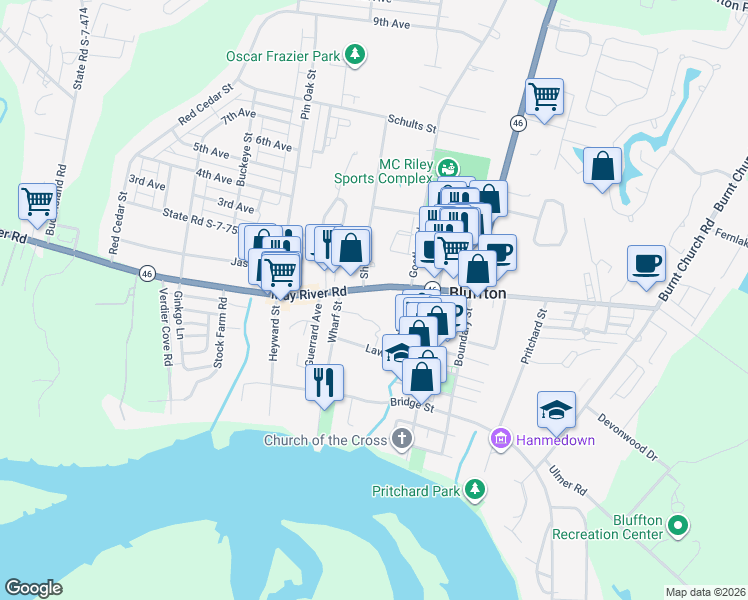 map of restaurants, bars, coffee shops, grocery stores, and more near 1270 May River Road in Bluffton