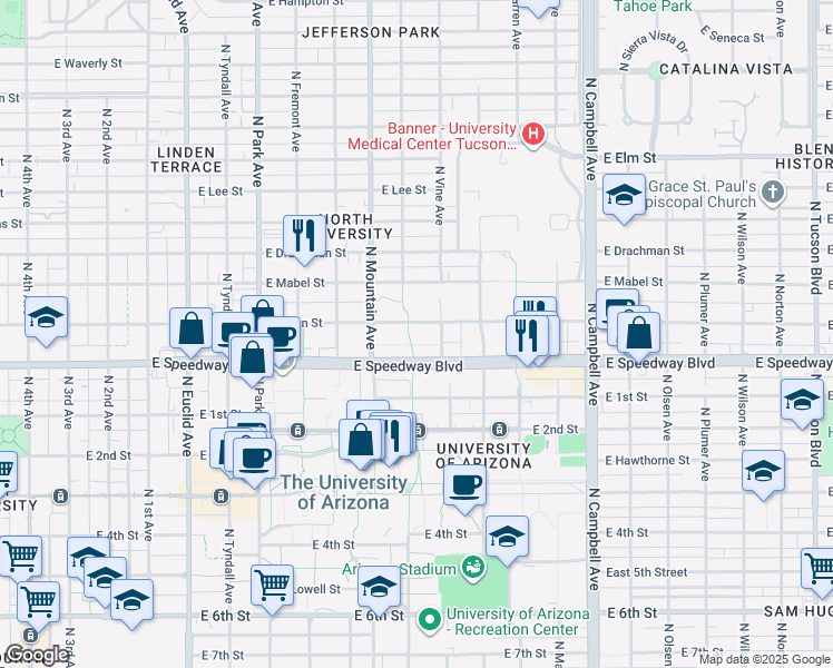 map of restaurants, bars, coffee shops, grocery stores, and more near 1420 East Helen Street in Tucson