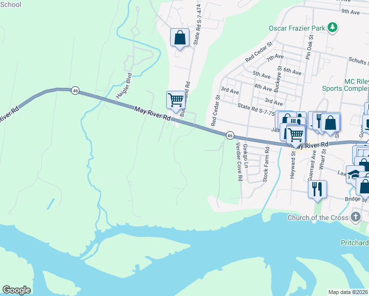 map of restaurants, bars, coffee shops, grocery stores, and more near 1140 May River Road in Bluffton