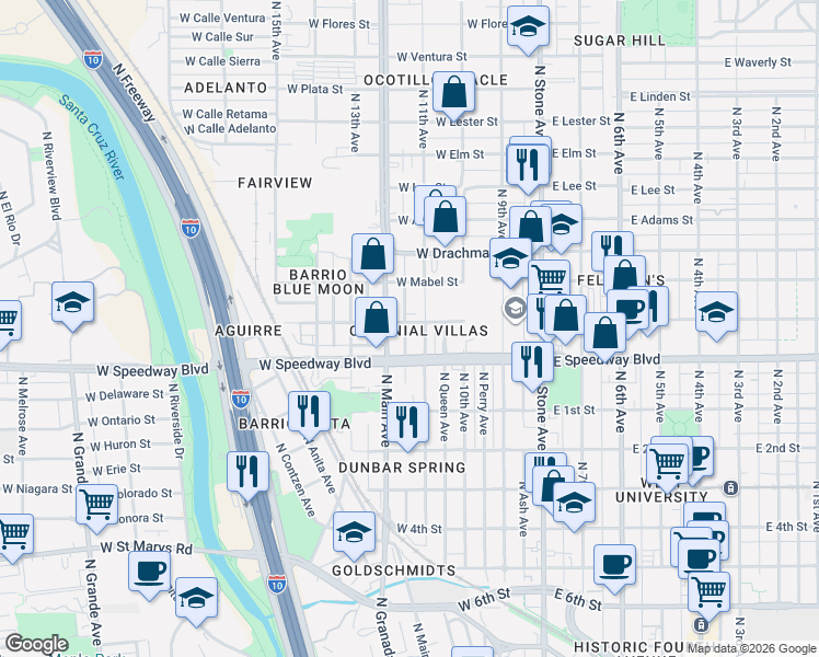 map of restaurants, bars, coffee shops, grocery stores, and more near 1180 North Alder Avenue in Tucson