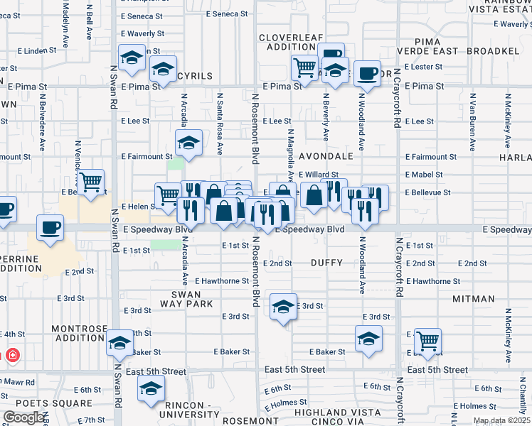 map of restaurants, bars, coffee shops, grocery stores, and more near 5125 East Speedway Boulevard in Tucson