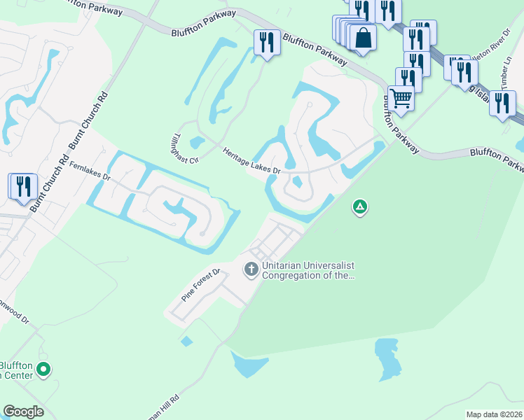 map of restaurants, bars, coffee shops, grocery stores, and more near 34 Leacybridge Road in Bluffton