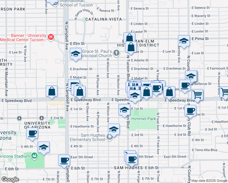 map of restaurants, bars, coffee shops, grocery stores, and more near 2339 East Speedway Boulevard in Tucson