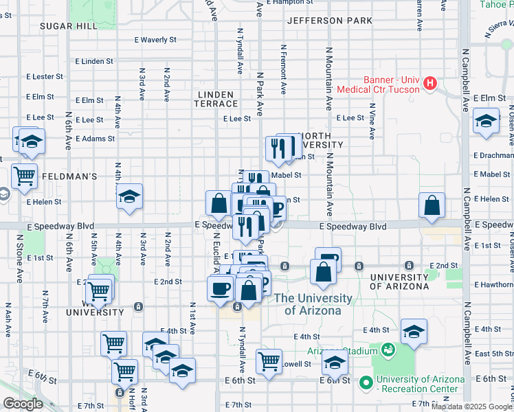map of restaurants, bars, coffee shops, grocery stores, and more near in Tucson