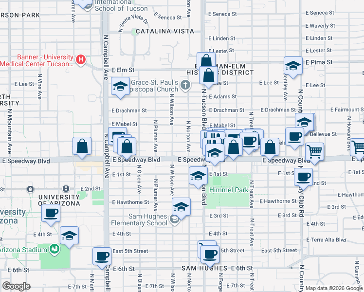 map of restaurants, bars, coffee shops, grocery stores, and more near 2339 East Speedway Boulevard in Tucson