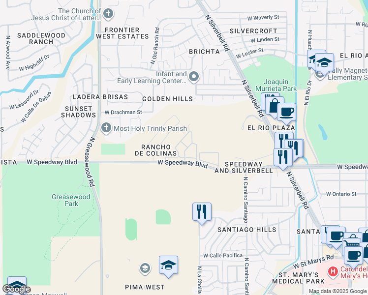 map of restaurants, bars, coffee shops, grocery stores, and more near 2162 West Speedway Boulevard in Tucson
