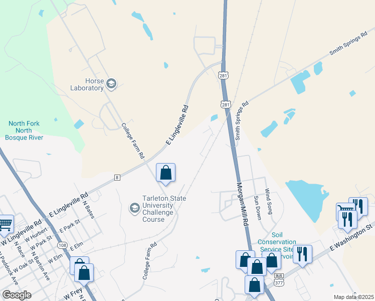 map of restaurants, bars, coffee shops, grocery stores, and more near 1000 East Lingleville Road in Stephenville