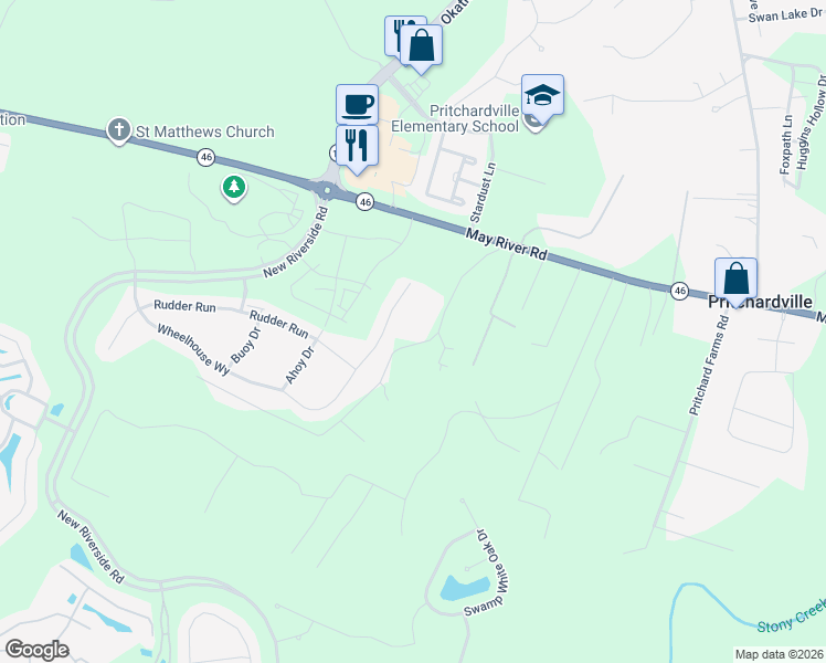 map of restaurants, bars, coffee shops, grocery stores, and more near 70 Meadow Drive in Bluffton