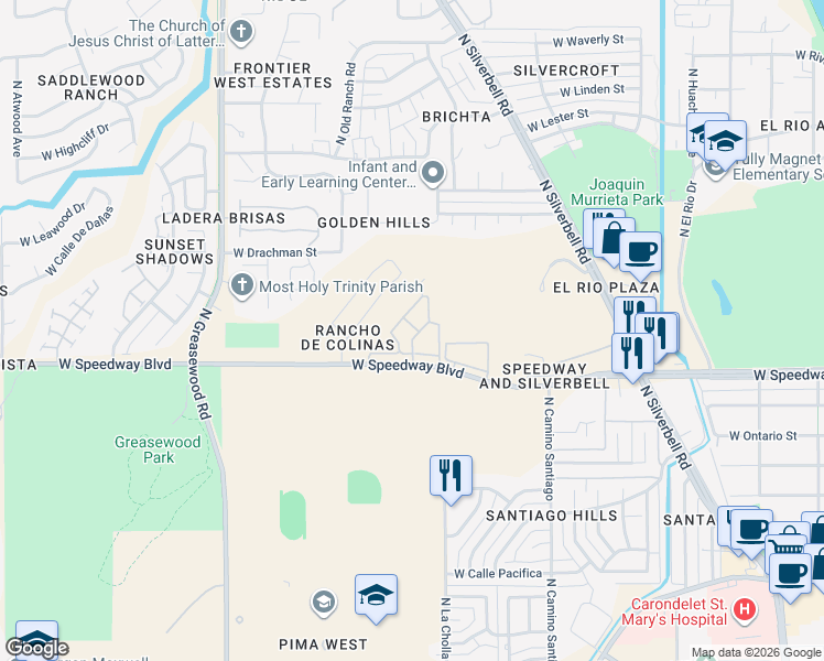map of restaurants, bars, coffee shops, grocery stores, and more near 2162 West Speedway Boulevard in Tucson
