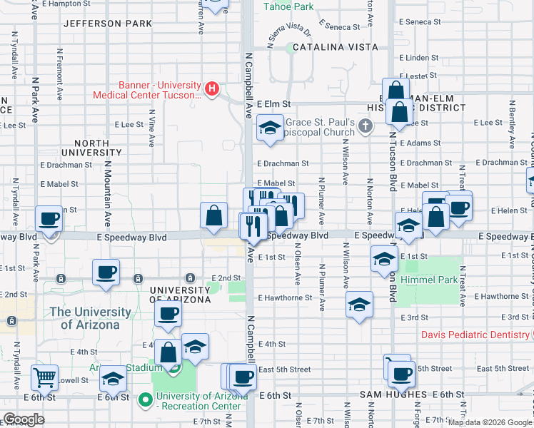 map of restaurants, bars, coffee shops, grocery stores, and more near 1946 East Helen Street in Tucson