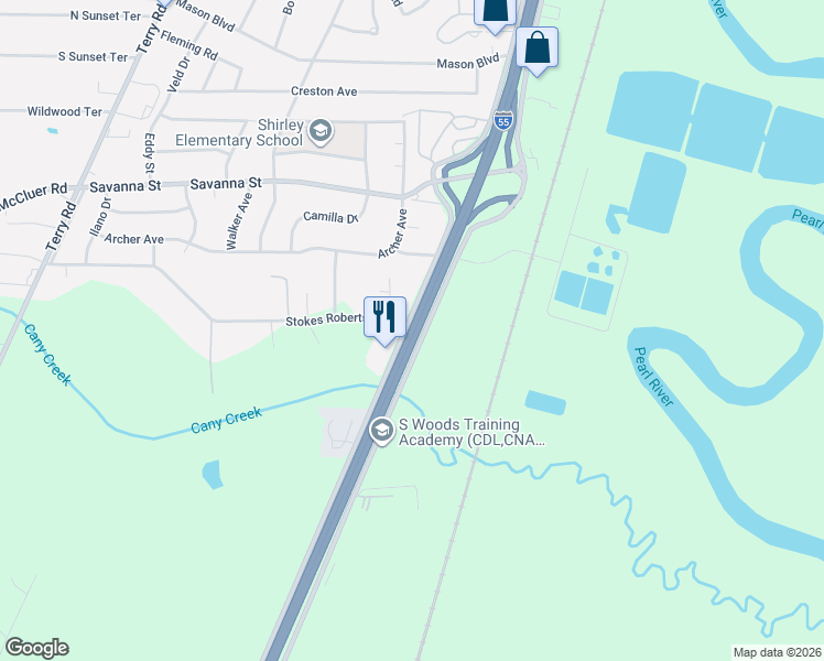 map of restaurants, bars, coffee shops, grocery stores, and more near Interstate 55 in Jackson