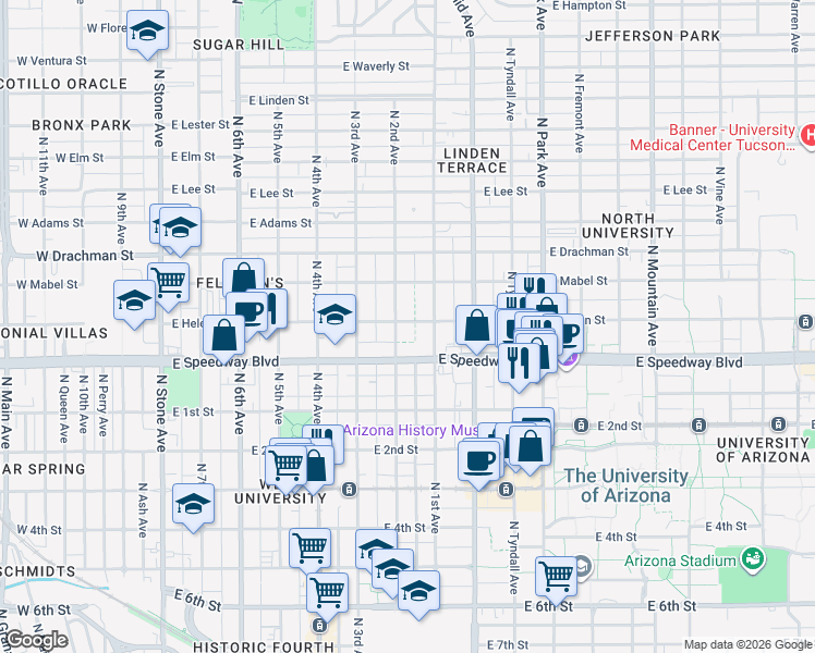 map of restaurants, bars, coffee shops, grocery stores, and more near 610 East Helen Street in Tucson