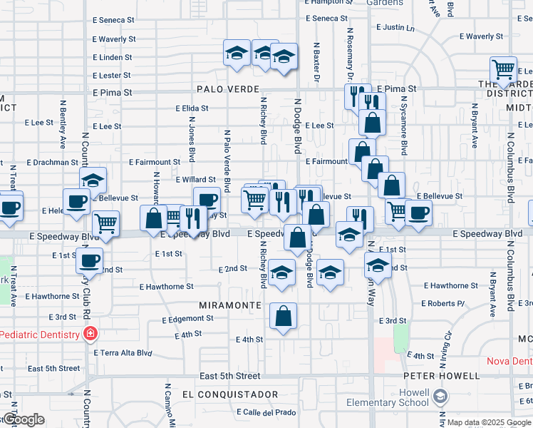 map of restaurants, bars, coffee shops, grocery stores, and more near 1130 North Richey Boulevard in Tucson
