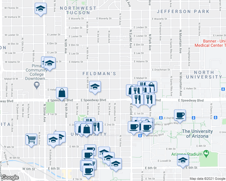 map of restaurants, bars, coffee shops, grocery stores, and more near 1120 North 2nd Avenue in Tucson