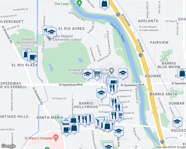 map of restaurants, bars, coffee shops, grocery stores, and more near 1126 North Riverview Boulevard in Tucson