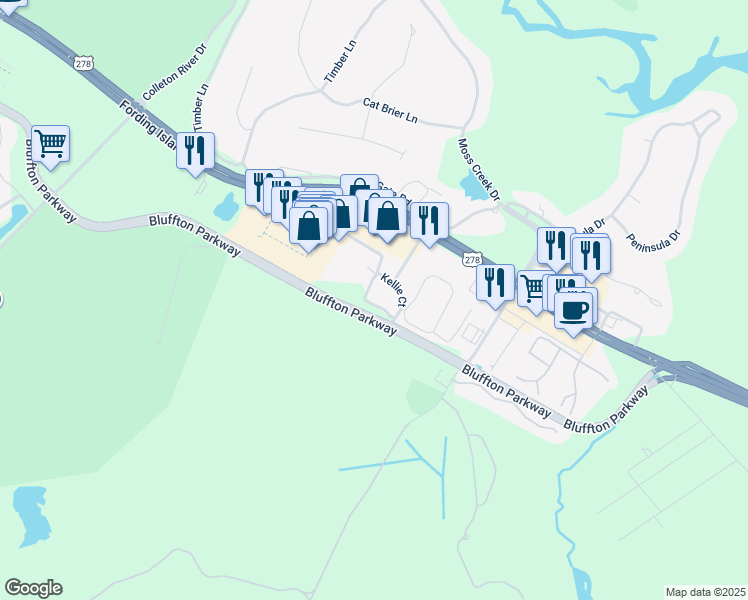 map of restaurants, bars, coffee shops, grocery stores, and more near 29 Edgewater Circle in Bluffton