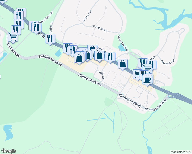 map of restaurants, bars, coffee shops, grocery stores, and more near Bluffton Pkwy in Bluffton