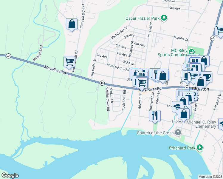 map of restaurants, bars, coffee shops, grocery stores, and more near 5797 Yaupon Road in Bluffton