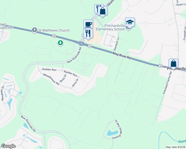 map of restaurants, bars, coffee shops, grocery stores, and more near 70 Meadow Drive in Bluffton