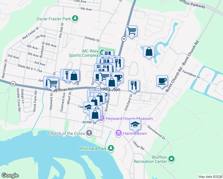 map of restaurants, bars, coffee shops, grocery stores, and more near 89 Discovery Drive in Bluffton