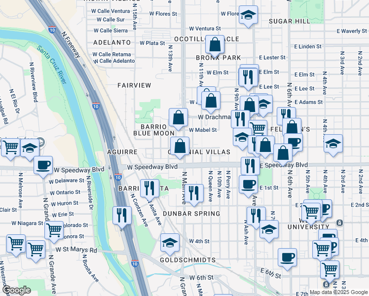 map of restaurants, bars, coffee shops, grocery stores, and more near N Main Ave & W Helen St in Tucson
