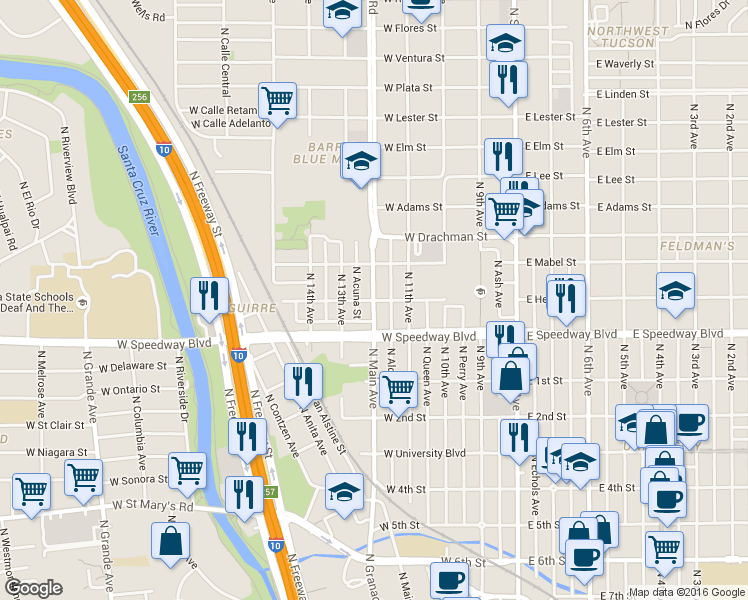 map of restaurants, bars, coffee shops, grocery stores, and more near 398 W Helen St in Tucson