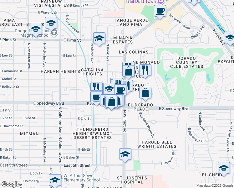 map of restaurants, bars, coffee shops, grocery stores, and more near 1101 North Wilmot Road in Tucson