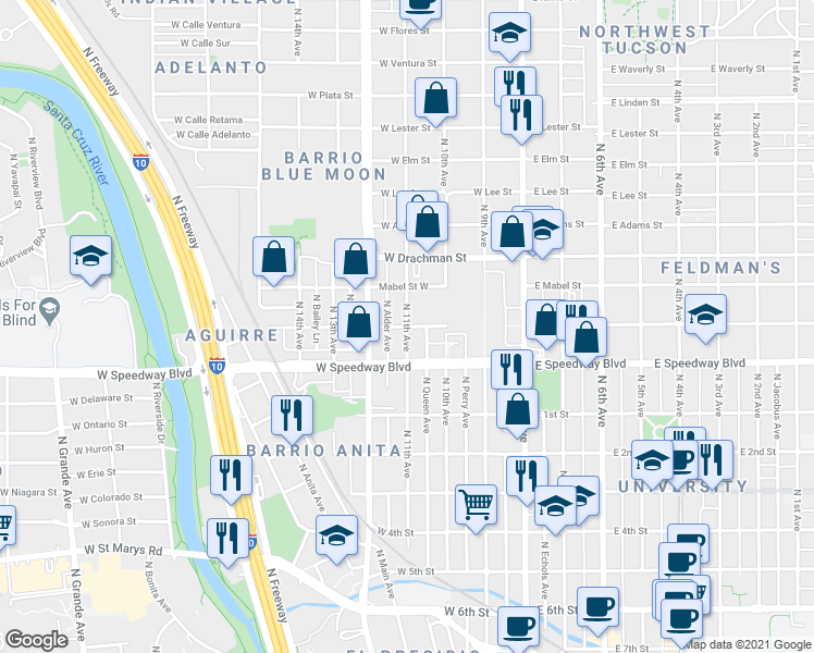 map of restaurants, bars, coffee shops, grocery stores, and more near N 11th Ave & W Helen St in Tucson