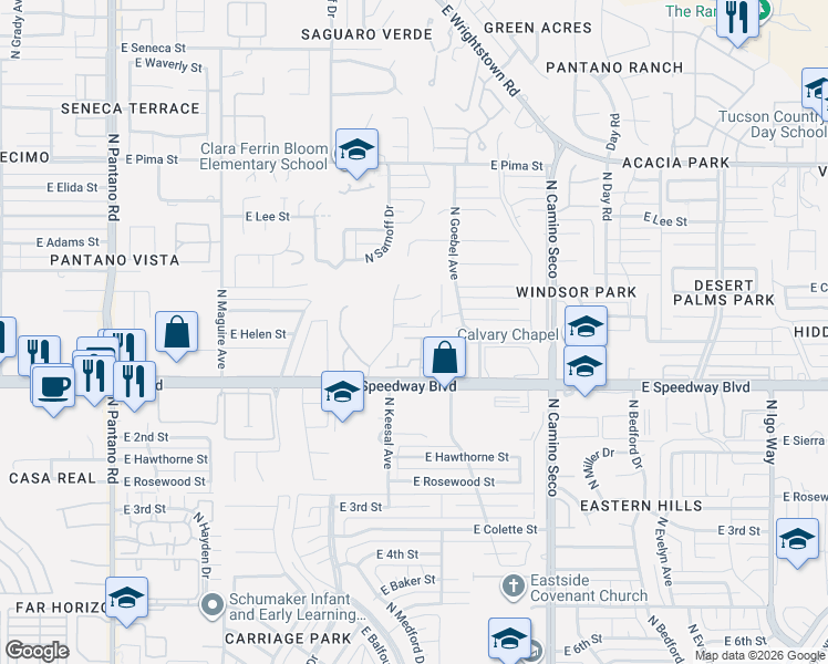 map of restaurants, bars, coffee shops, grocery stores, and more near 1180 North Corinthian Place in Tucson