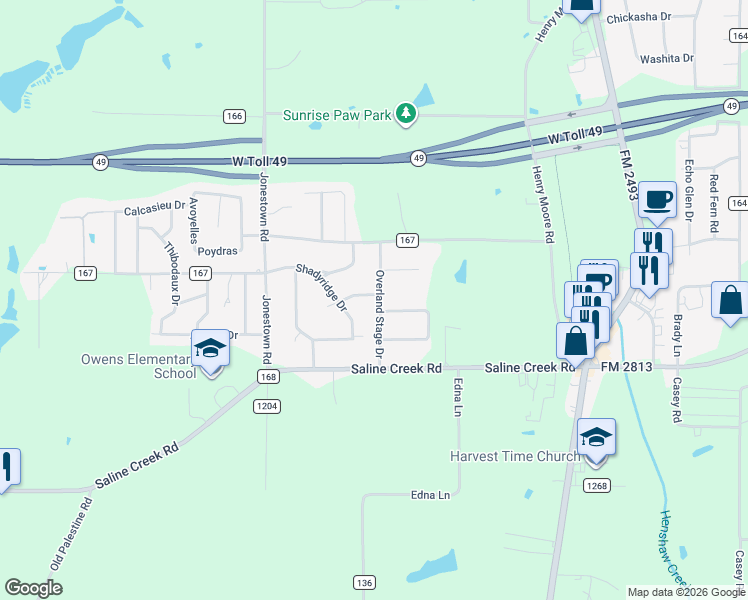 map of restaurants, bars, coffee shops, grocery stores, and more near 16785 Overland Stage Drive in Tyler