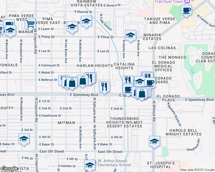 map of restaurants, bars, coffee shops, grocery stores, and more near 5975 East Speedway Boulevard in Tucson