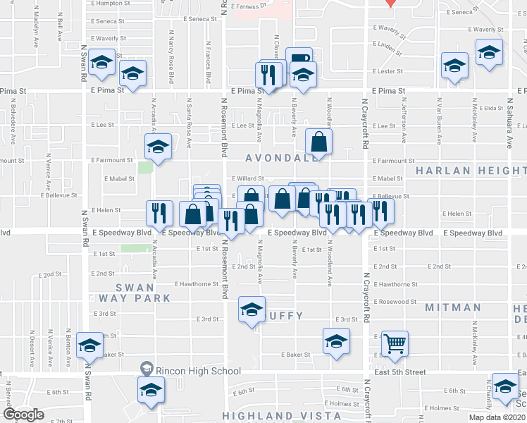 map of restaurants, bars, coffee shops, grocery stores, and more near 1115 North Magnolia Avenue in Tucson