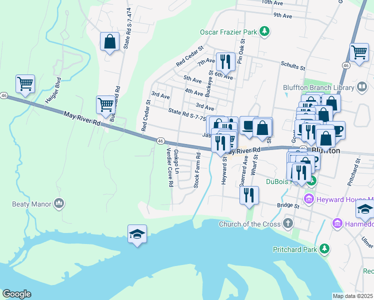 map of restaurants, bars, coffee shops, grocery stores, and more near 5797 Yaupon Road in Bluffton