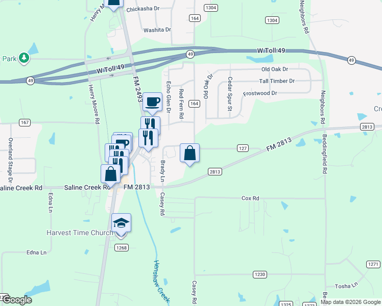 map of restaurants, bars, coffee shops, grocery stores, and more near 10534 FM 2813 in Flint