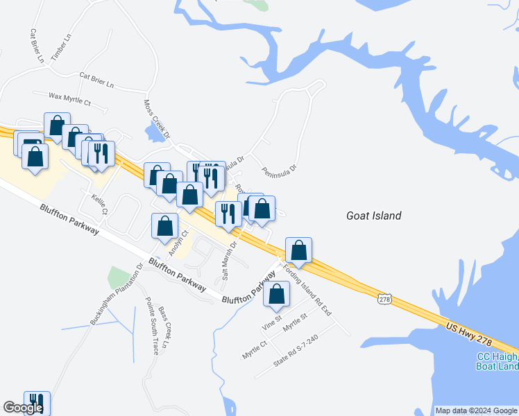map of restaurants, bars, coffee shops, grocery stores, and more near 48 Royal Pointe Drive in Hilton Head Island
