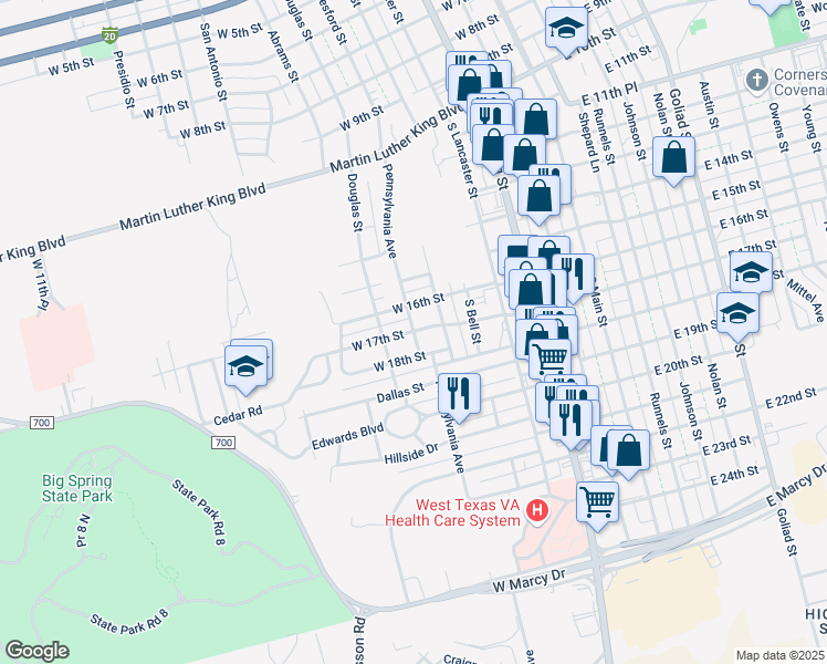 map of restaurants, bars, coffee shops, grocery stores, and more near 1614 Pennsylvania Avenue in Big Spring
