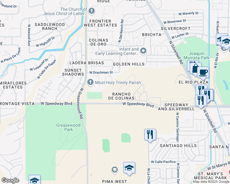 map of restaurants, bars, coffee shops, grocery stores, and more near 1253 North Thunder Ridge Drive in Tucson