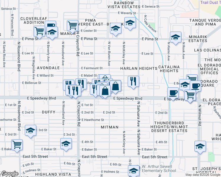 map of restaurants, bars, coffee shops, grocery stores, and more near 5655 East Bellevue Street in Tucson