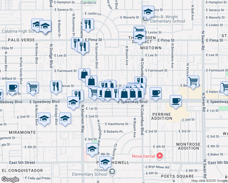 map of restaurants, bars, coffee shops, grocery stores, and more near 4075 East Bellevue Street in Tucson