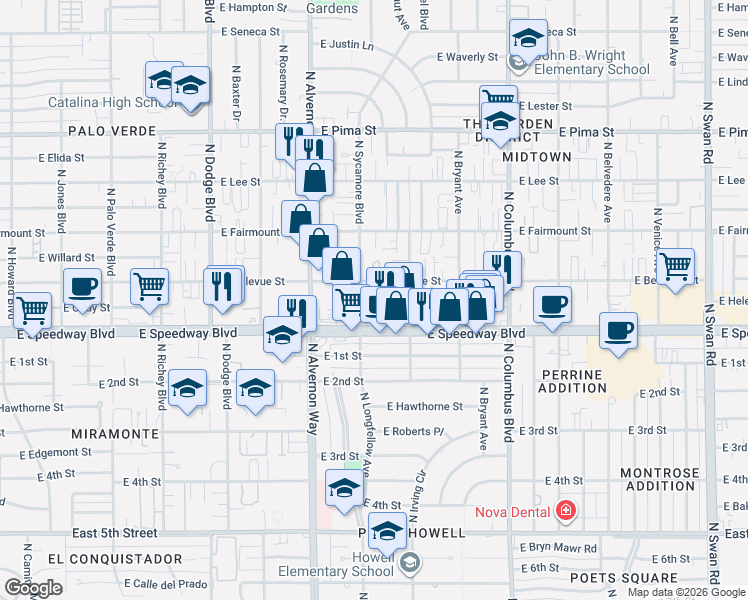 map of restaurants, bars, coffee shops, grocery stores, and more near 4007 East Bellevue Street in Tucson