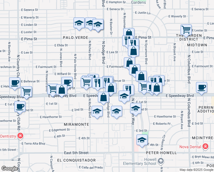 map of restaurants, bars, coffee shops, grocery stores, and more near 3719 East Bellevue Street in Tucson