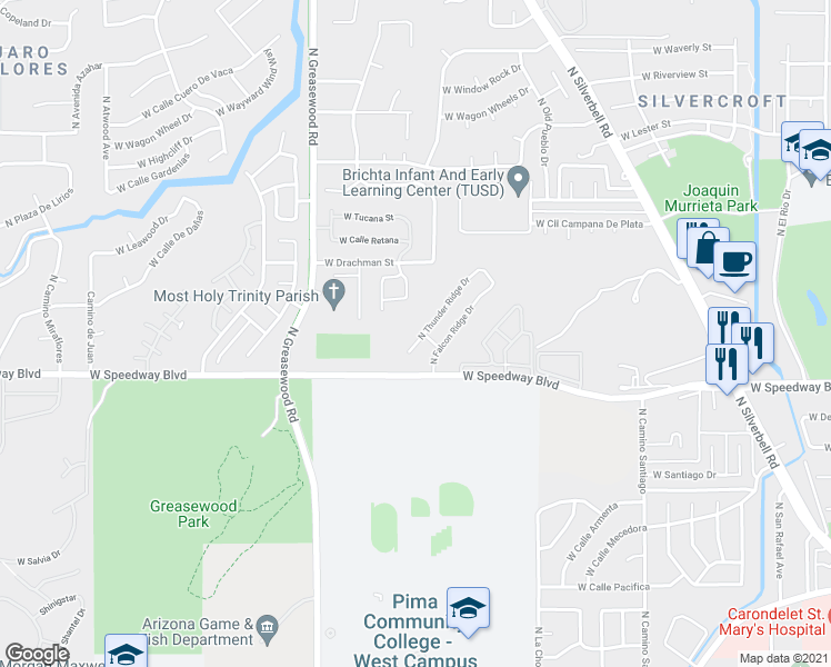 map of restaurants, bars, coffee shops, grocery stores, and more near 1300-1350 North Camino Mateo in Tucson